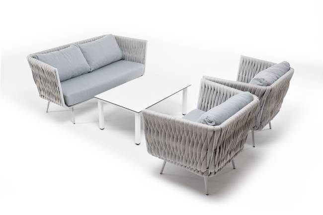 "Монако" лаунж-зона 4-местная из роупа со столом "Верона" (серый гранит), каркас светло-серый, роуп светло-серый