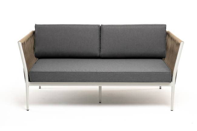 "Касабланка" диван 2-местный плетеный из роупа, каркас алюминий светло-серый (RAL7035) муар, роуп серо-коричневый 23мм, ткань серая 017 "Касабланка" диван 2-местный плетеный из роупа, каркас алюминий светло-серый (RAL7035) муар, роуп серо-коричневый 23мм, ткань серая 017