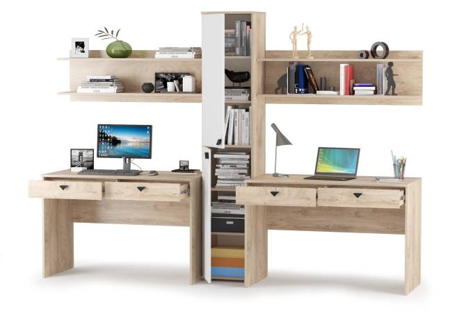 Столы Бостон с полками и пеналом цвет дуб эндгрейн элегантный/фасады МДФ милк рикамо софт Столы Бостон с полками и пеналом цвет дуб эндгрейн элегантный/фасады МДФ милк рикамо софт
