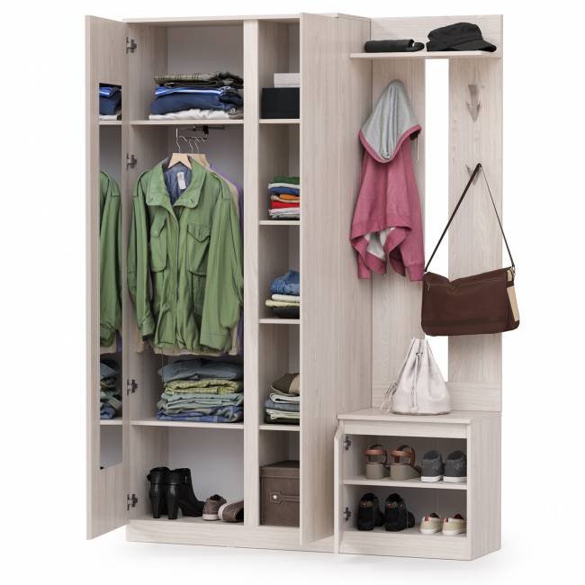 Шкаф комбинированный и обувница с вешалкой для верхней одежды Ника цвет ясень анкор светлый