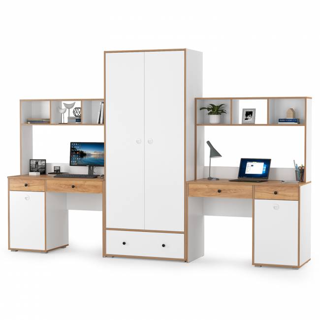 Два компьютерных стола и платяной шкаф Вуди цвет белый премиум/дуб крафт золотой Два компьютерных стола и платяной шкаф Вуди цвет белый премиум/дуб крафт золотой