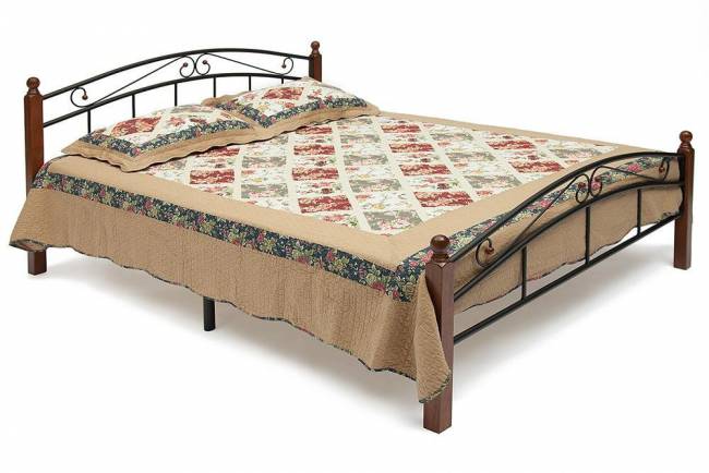 Кровать AT-8077 дерево гевея/металл, 160*200 см (Queen bed), красный дуб/черный дуб темный