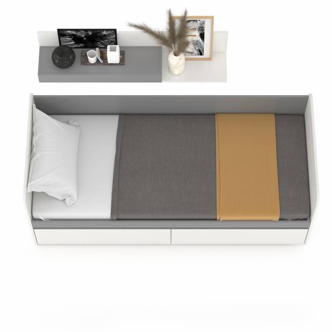 Детская кровать с ящиками Торонто с открытой полкой цвет белый шагрень/стальной серый Детская кровать с ящиками Торонто с открытой полкой цвет белый шагрень/стальной серый