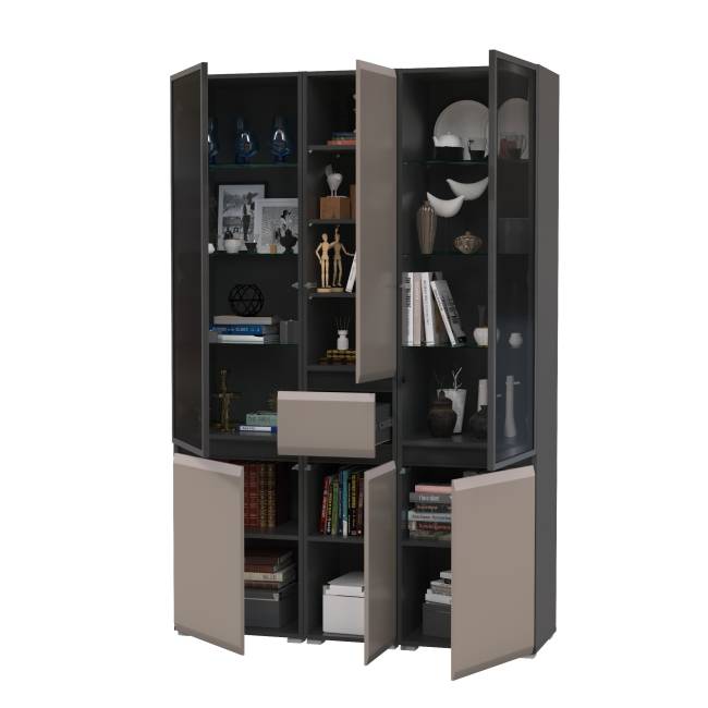 Два шкафа-витрины Сидней 13.201 и пенал-шкаф с ящиком Сидней цвет антрацит/МДФ веллюто капучино Два шкафа-витрины Сидней 13.201 и пенал-шкаф с ящиком Сидней цвет антрацит/МДФ веллюто капучино