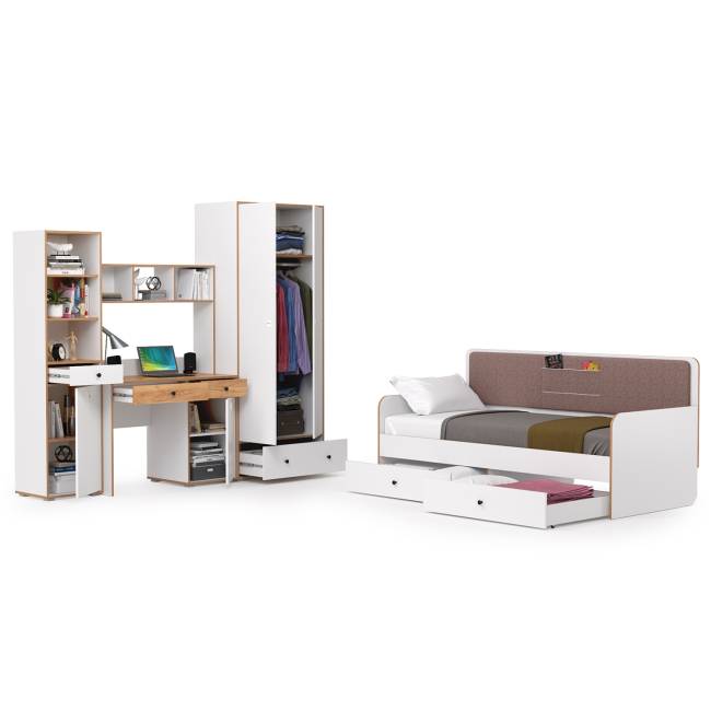 Детская кровать с ящиками и уголок школьника Вуди № 36 цвет белый премиум/дуб крафт золотой/саванна латте Детская кровать с ящиками и уголок школьника Вуди № 36 цвет белый премиум/дуб крафт золотой/саванна латте