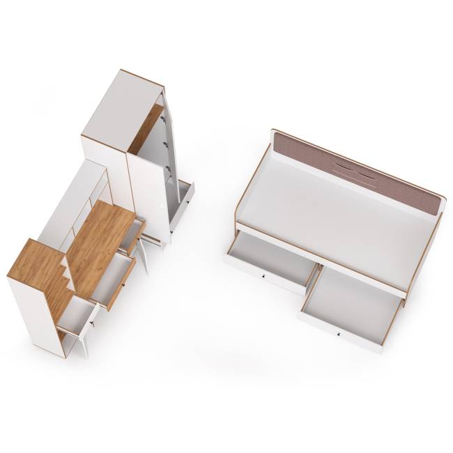 Детская кровать с ящиками и уголок школьника Вуди № 36 цвет белый премиум/дуб крафт золотой/саванна латте Детская кровать с ящиками и уголок школьника Вуди № 36 цвет белый премиум/дуб крафт золотой/саванна латте