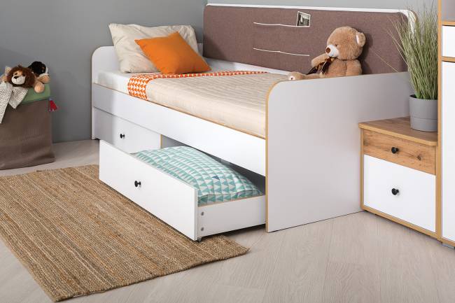 Детская кровать с ящиками и уголок школьника Вуди № 36 цвет белый премиум/дуб крафт золотой/саванна латте Детская кровать с ящиками и уголок школьника Вуди № 36 цвет белый премиум/дуб крафт золотой/саванна латте