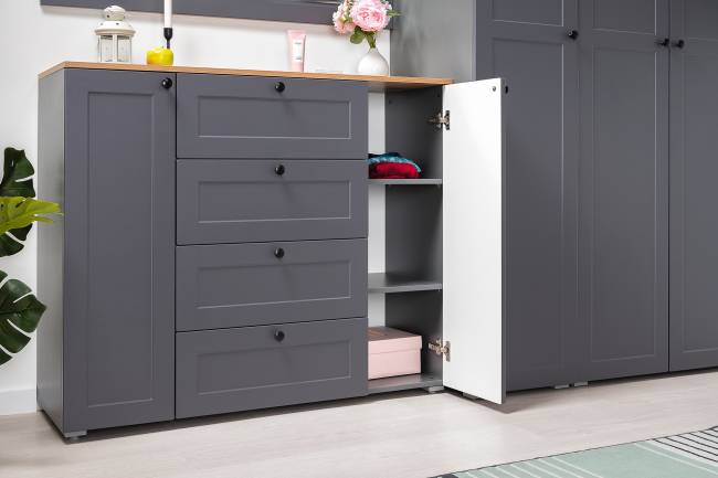 Комод четыре ящика и две дверки и вешалка для одежды Остин цвет серый графит/дуб крафт золотой Комод четыре ящика и две дверки и вешалка для одежды Остин цвет серый графит/дуб крафт золотой