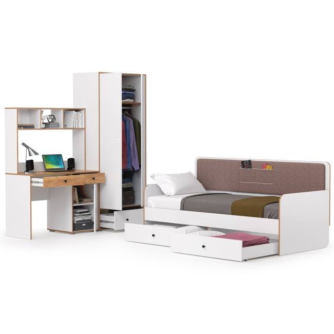 Вуди мебель в детскую с кроватью с ящиками № 38 цвет белый премиум/дуб крафт золотой/саванна латте Вуди мебель в детскую с кроватью с ящиками № 38 цвет белый премиум/дуб крафт золотой/саванна латте