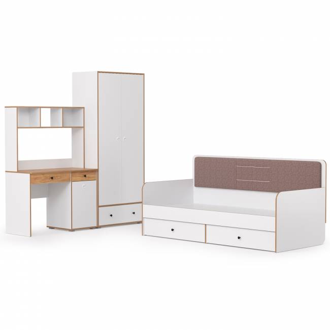 Вуди мебель в детскую с кроватью с ящиками № 38 цвет белый премиум/дуб крафт золотой/саванна латте Вуди мебель в детскую с кроватью с ящиками № 38 цвет белый премиум/дуб крафт золотой/саванна латте