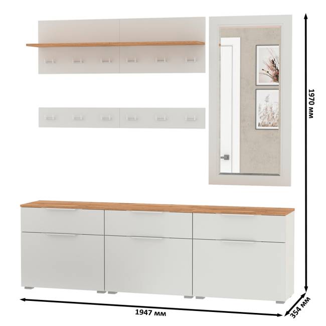 Три обувницы с зеркалом и вешалками для одежды Октава цвет белый шагрень/дуб крафт золотой