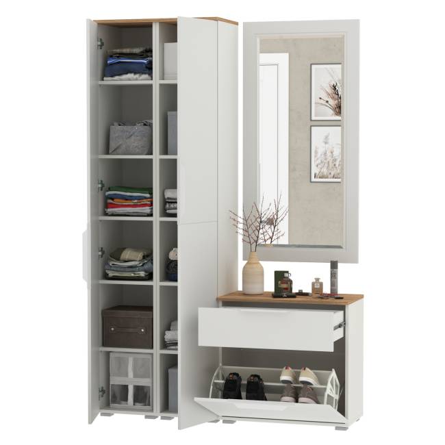 Два шкаф-пенала и обувница с ящиком с зеркалом Октава цвет белый шагрень/дуб крафт золотой