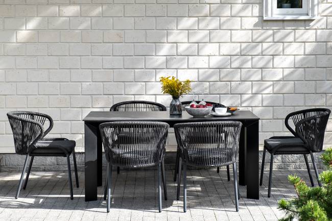 "Венето" обеденная группа на 6 персон со стульями "Милан", каркас темно-серый, роуп темно-серый "Венето" обеденная группа на 6 персон со стульями "Милан", каркас темно-серый, роуп темно-серый