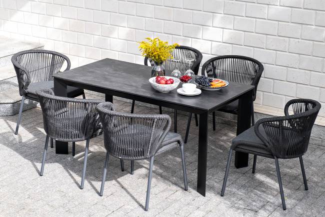 "Венето" обеденная группа на 6 персон со стульями "Милан", каркас темно-серый, роуп темно-серый "Венето" обеденная группа на 6 персон со стульями "Милан", каркас темно-серый, роуп темно-серый