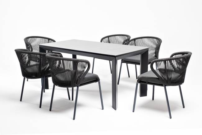 "Венето" обеденная группа на 6 персон со стульями "Милан", каркас темно-серый, роуп темно-серый "Венето" обеденная группа на 6 персон со стульями "Милан", каркас темно-серый, роуп темно-серый