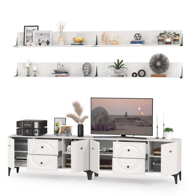 Две ТВ-тумбы и четыре навесных полки Валенсия цвет белый шагрень Две ТВ-тумбы и четыре навесных полки Валенсия цвет белый шагрень