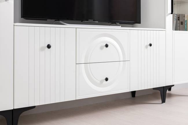 Две ТВ-тумбы и четыре навесных полки Валенсия цвет белый шагрень Две ТВ-тумбы и четыре навесных полки Валенсия цвет белый шагрень