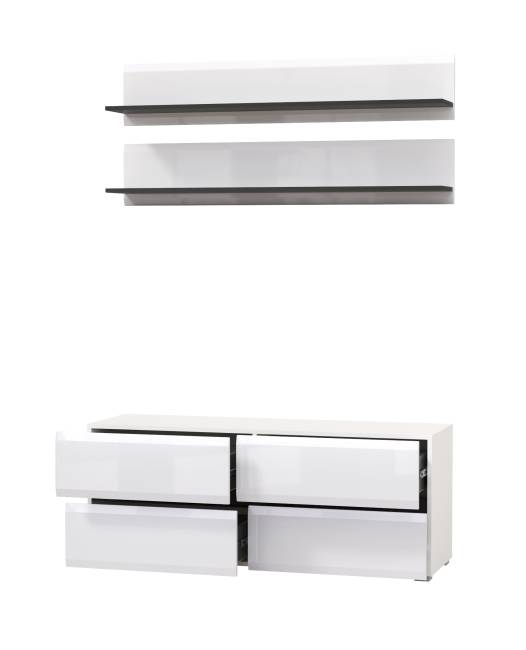 Две открытых полочки с тумбой для аппаратуры Сидней цвет белый/чёрный/МДФ белый глянец Две открытых полочки с тумбой для аппаратуры Сидней цвет белый/чёрный/МДФ белый глянец