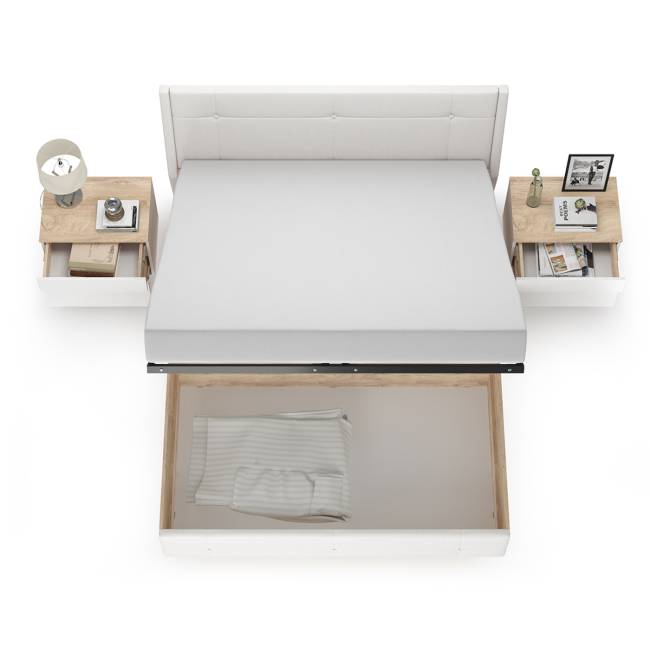 Кровать с подъёмным основанием и двумя прикроватными тумбами Муссон цвет белый/дуб эндгрейн элегантный/кожзам белый Кровать с подъёмным основанием и двумя прикроватными тумбами Муссон цвет белый/дуб эндгрейн элегантный/кожзам белый