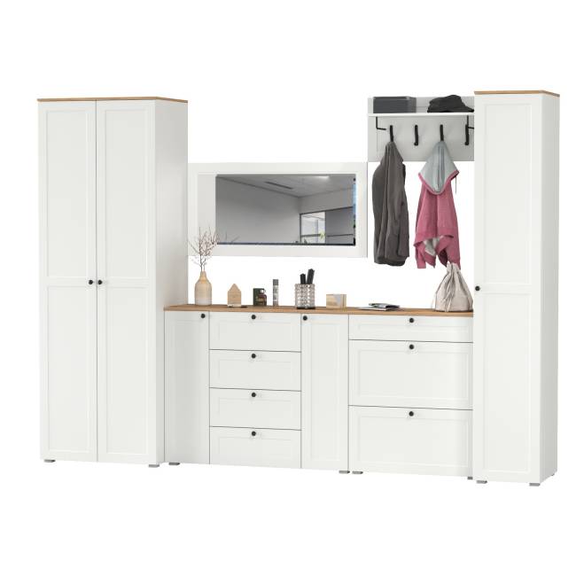 Мебельная стенка для прихожей Остин № 61 цвет белый шагрень/дуб крафт золотой