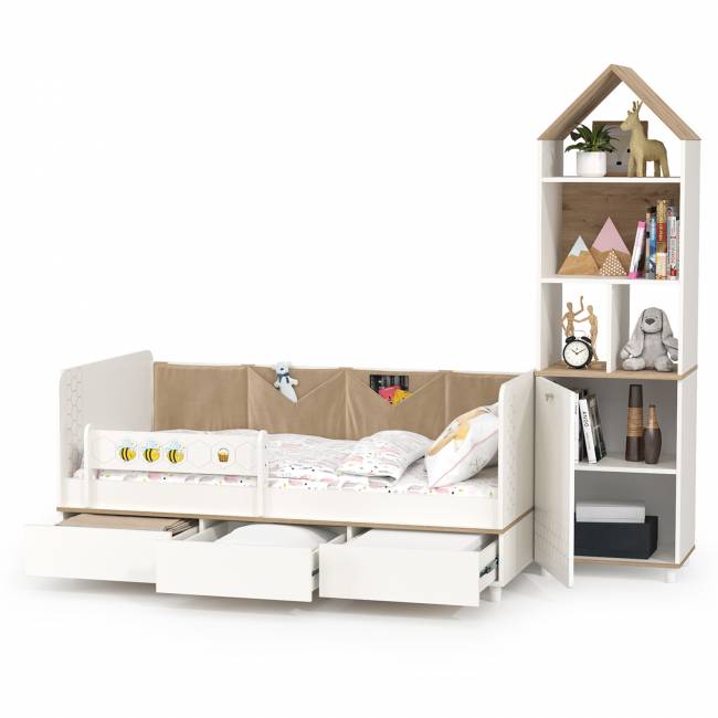 Кровать детская с тремя ящиками и открытый детский стеллаж Эйп цвет белый/дуб белый Кровать детская с тремя ящиками и открытый детский стеллаж Эйп цвет белый/дуб белый