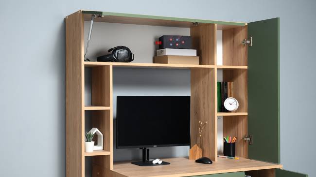 Рабочий компьютерный стол Комфорт 12.71 цвет гикори рокфорд натуральный/дымчатый зелёный